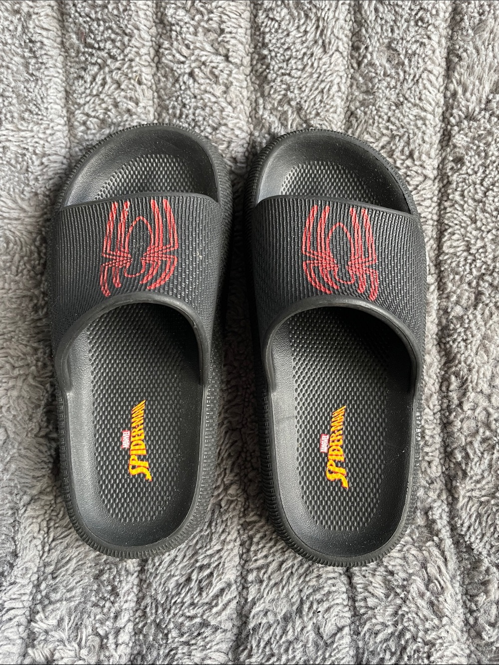 Marvel Black Slides with Red Miles Morales Spider-Man Logo